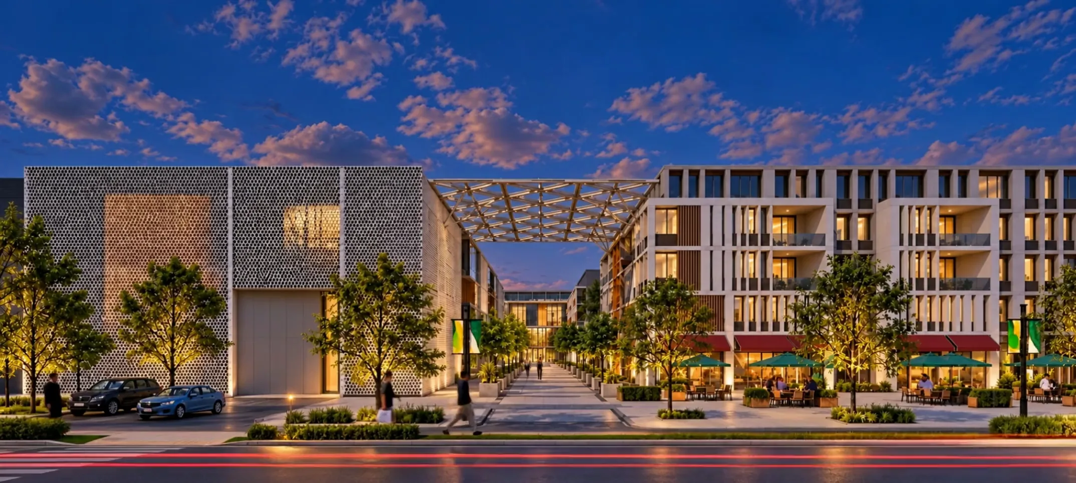 Mixed-use courtyard development with a canopy-covered walkway